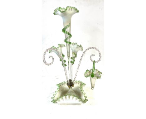 Antique vaseline green glass epergne, missing one hanging basket, 23 inches tall 
