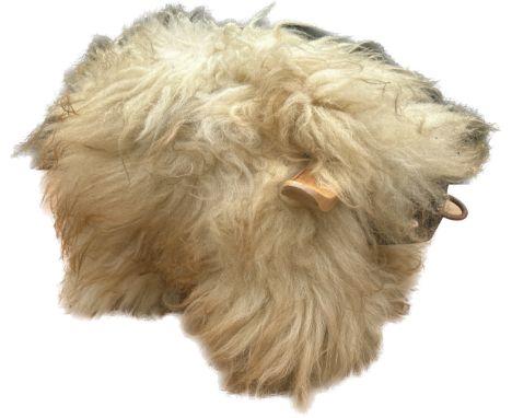 Vintage real sheepskin footstool - highland cow / bull, some damage to the wooden ears, approximate measurements: 17 x 14 inc