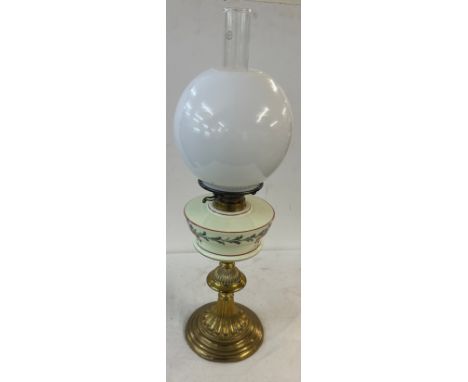 Vintage brass base oil lamp with funnel and shade, shade has damage 
