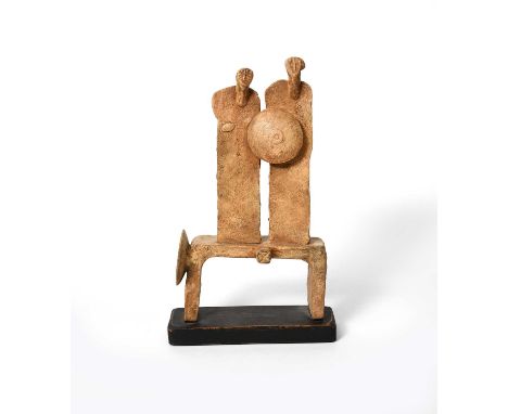 Φ John Maltby (1936-2020)Seated Warriorsstoneware on ebonised wood base,painted Maltby, no.7 paper exhibition label,30.5cm. h