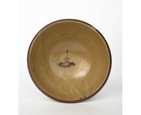 Bernard Leach, attributeda Leach Pottery stoneware bowl, painted to the well with a temple, in temoku on an ash glazeimpresse