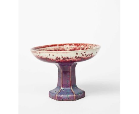 A Ruskin Pottery high-fired pedestal tazza by William Howson-Taylor, the hexagonal foot supporting circular base, covered in 