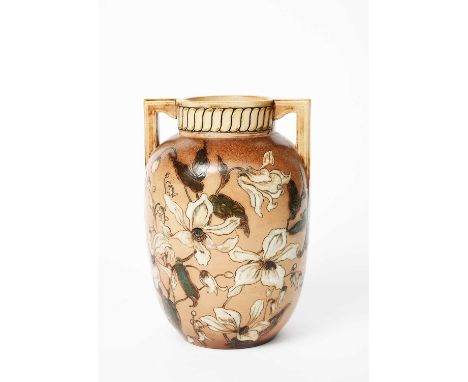 A Martin Brothers stoneware vase by Robert Wallace Martin, dated 1887, twin-handled, shouldered cylindrical form, painted wit