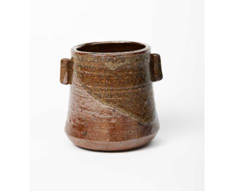 Φ Janet Leach (1918-1997)a salt-glazed Leach Pottery stoneware vase, tapering cylindrical form with twin-lug handles,impresse