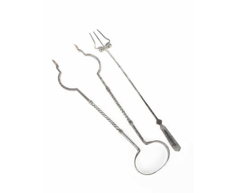 A pair of Thornton & Downer fire tongs and a toasting fork, wrought steel, square section with spiral panel and stamped geome