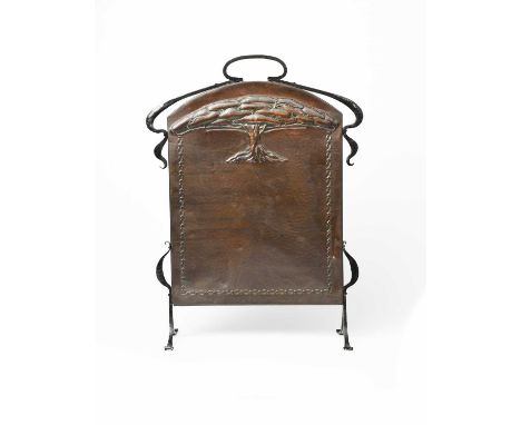 An Arts and Crafts copper firescreen possibly retailed by Liberty &amp; Co, stamped in low relief with a stylised tree, on en