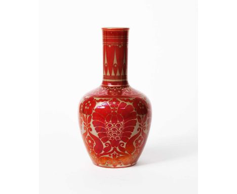 A Burmantoft's Faience Pottery vase by Leonard King, shouldered form with cylindrical neck, painted with Persian flower and f