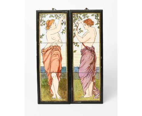 A pair of Aesthetic Movement Mintons three tile panels, printed and painted with classical female figures, one in red robe pi