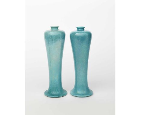 A pair of Ruskin Pottery stoneware Souffle vases by William Howson-Taylor, dated 1918, slender baluster form, covered in a pa