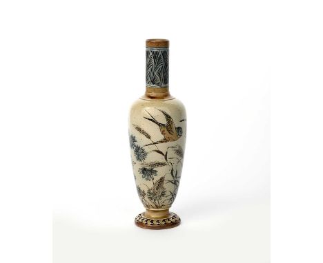 A Martin Brothers stoneware vase by Robert Wallace Martin, dated 1884, slender bottle form with cylindrical neck, incised and