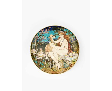 A fine Mintons Art Pottery Studio Kensington Gore charger by William S Coleman, painted with a portrait of Diana the Huntress