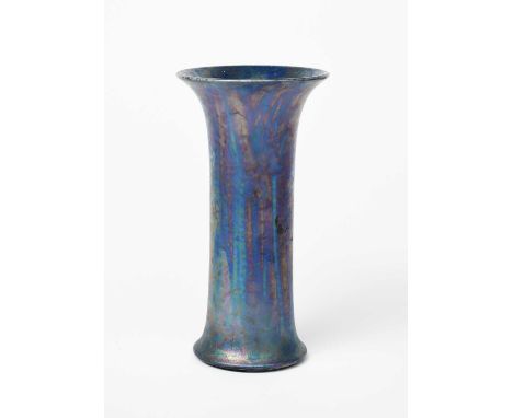 A Ruskin Pottery stoneware Kingfisher lustre vase by William Howson-Taylor, dated 1915, cylindrical form with flaring top rim