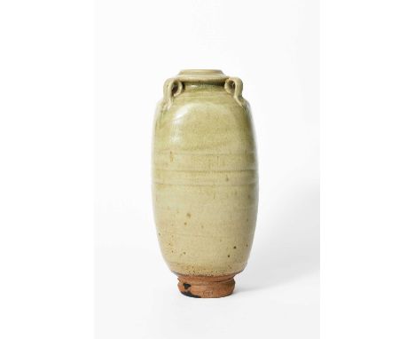 Jim Malone (born 1946)a stoneware vase, footed, square section form with knopped neck, the shoulder applied with four handles