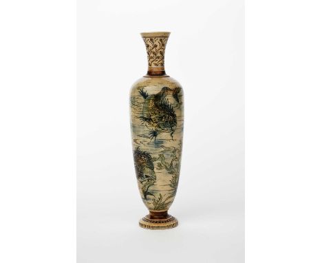 A tall Martin Brothers stoneware Aquatic vase by Robert Wallace Martin, dated 1888, slender, baluster form painted with grote