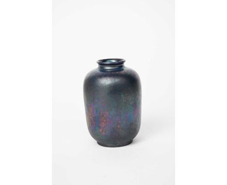 A Ruskin Pottery stoneware Kingfisher lustre vase by William Howson-Taylor, dated 1916, shouldered cylindrical form, covered 