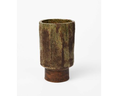 Φ Janet Leach (1918-1997)a Leach Pottery stoneware footed vase, cylindrical with cut grooves, glazedimpressed seal marks 