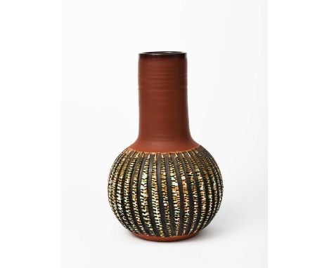 A tall Poole Pottery Atlantis vase by Guy Sydenham, ovoid with cylindrical neck, the body cut with vertical fern fronds, glaz