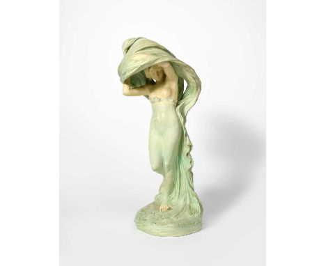 Peter Tereszczuk (1875-1963)An Art Nouveau pottery table lamp,modelled as an Art Nouveau maiden, her billowing scarf held up 