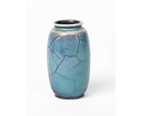 A small Ruskin Pottery high-fired stoneware vase by William Howson-Taylor, dated 1910, shouldered, cylindrical from, covered 