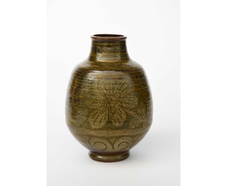 Charles Vyse (1882-1971)a stoneware vase dated 1939, shouldered form, painted with bands of flowers,incised Vyse 1939, 26.5cm