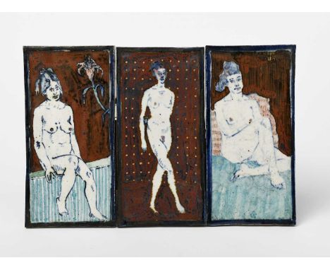 Eric James Mellon (1925-2014)Standing Nude, 1997 a stoneware tile panel, and two others similar by Eric James Mellon,signed, 