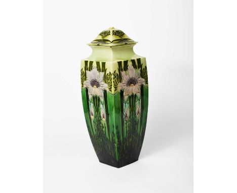 An unusual large Mintons Secessionist vase and cover designed by John Wadsworth and Leon Solon, shouldered, square section fo