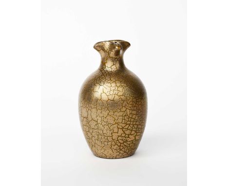 A Sunflower Pottery vase by Sir Edmund Elton, shouldered ovoid form with pinched neck, covered in a crackled gold glaze over 