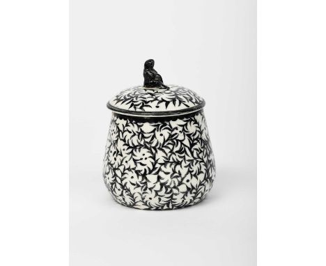 A Wedgwood pot and cover by Grace Barnsley, tapering form, the shallow domed cover surmounted with figural finial, painted wi