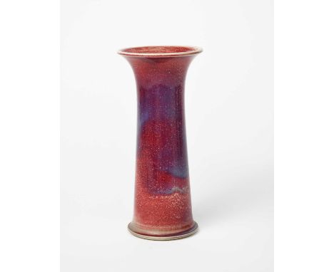 A Ruskin Pottery stoneware Souffle vase by William Howson-Taylor, dated 1909, cylindrical form with flaring neck, covered in 