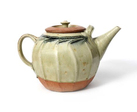 Richard Batterham (1936-2021)a large cut-sided twin handled stoneware teapot and cover, covered to the foot in an ash glaze,u