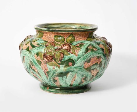 A large Della Robbia Pottery jardiniere by Lizzie Wilkins, dated 1899, shouldered ovoid form, modelled in relief with entwine