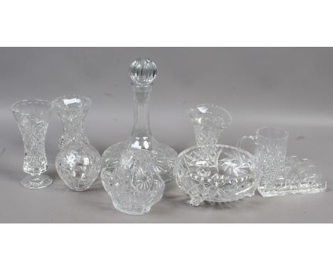 A collection of cut glass including a ships decanter.