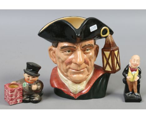 A Royal Doulton character jug night watchman, a figure of Micawber and a Goebel candlestick formed as a chimney sweep.