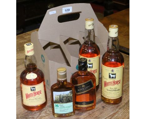 Three 70cl bottles White Horse Scotch and two small bottles Johnnie Walker Scotch and Mead liquor Scotch.