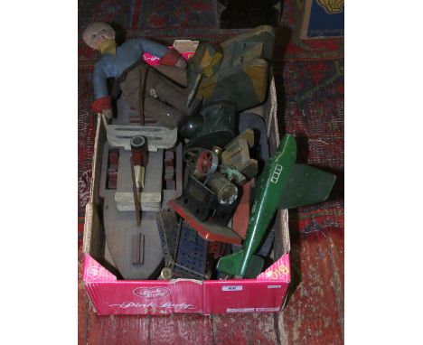 A box of vintage wooden toys along with Meccano and a Mamod engine.