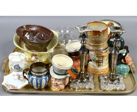 A tray of ceramics to include Royal Doulton character jugs, Carltonware leaf dish, Wedgwood jug, stoneware mould candlesticks
