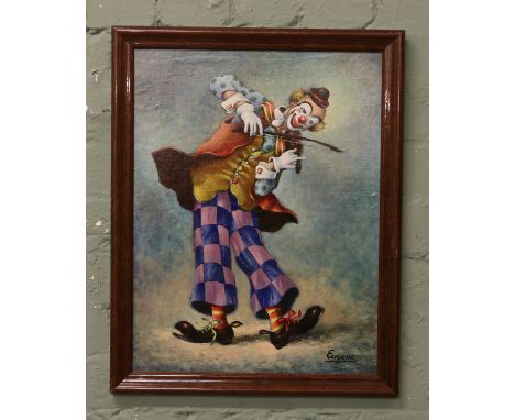 A framed oil on board, portrait of a clown playing a violin, signed Eugene.
