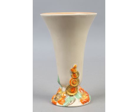 A Wilkinson pottery Clarice Cliff vase of trumpet form and moulded with flowers