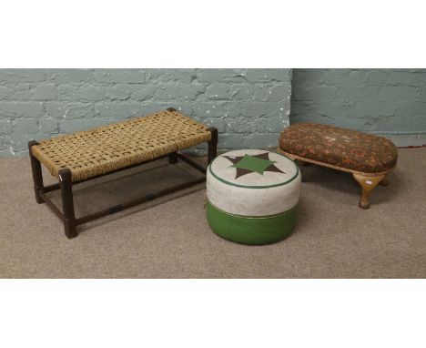 A double seagrass stool, along with 1960 pouffe and a upholstered cabriole leg stool.