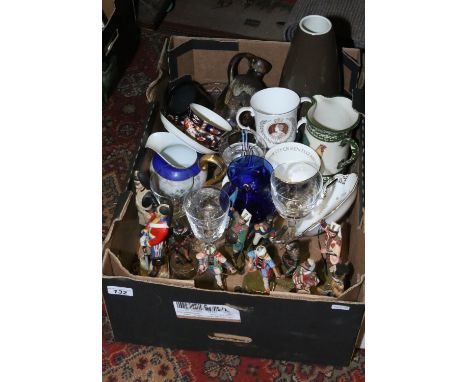 A box of miscellaneous including a Davenport Imari china tea cup and saucer, German art pottery, mixed glassware, Caithness g