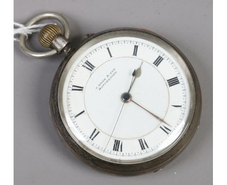 A silver cased chronograph pocket watch with white enamel dial Roman numeral baton markers by J. Shaw & Sons Manchester assay