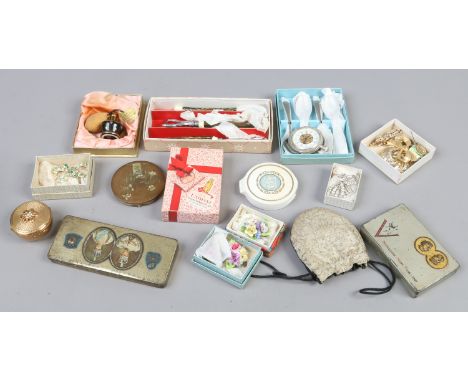 A box of vintage costume jewellery including paste set brooch and Stratton compact etc.