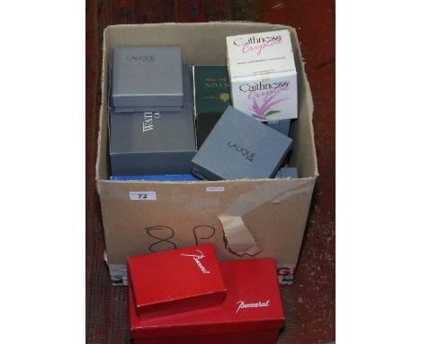 A collection of advertising packing boxes for Baccarat, Lalique, Waterford crystal, Caithness and Dartington glass etc.