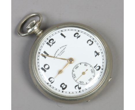 A silver plated tramway pocket watch marked O Dusonchet Cairo on white enamel dial, second subsidiary dial and engraved on th