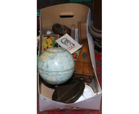 A box of mixed collectables including metronome, Chad Valley tin plate globe and vintage toys etc.