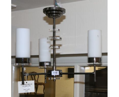 A new three branch glass and gun metal coloured ceiling light fitting with milchglas cylinder shades.