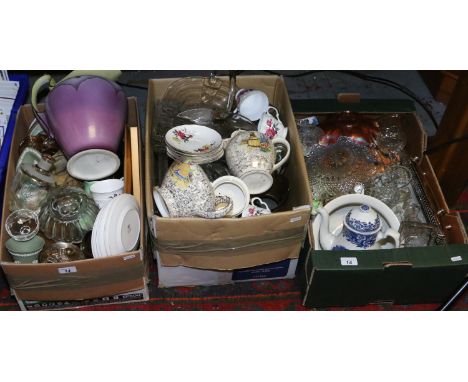 Three boxes of mixed ceramics, metalwares and glasswares to include Carltonware, cottage ware, Wedgwood, glass candlesticks, 