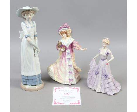 A Coalport figure First Waltz, Royal Doulton figure Lily and a Nao figure.