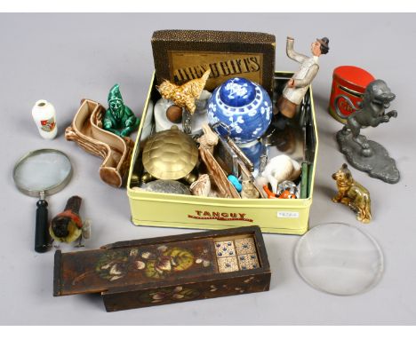 A tin of collectables including a clock work toy bird, Wade whimsies, crested wares, Chinese ginger jar, picnic corkscrew , A
