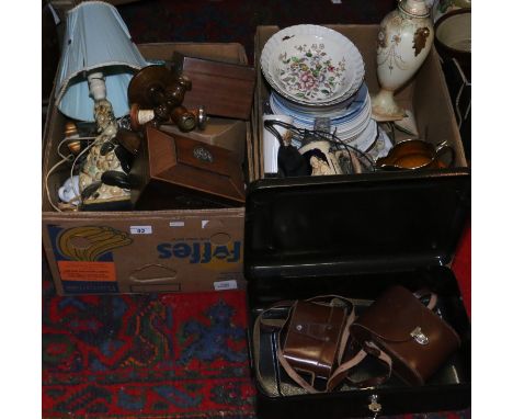 Two boxes of miscellaneous ceramics, glass and metalwares to include Carltonware, crown Devon, German tankard Carl Zeiss 8 x 